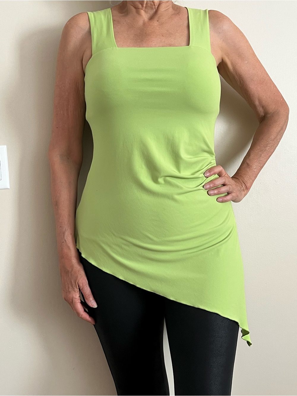 Square-Neck Asymmetrical Tank Top in Lime Green